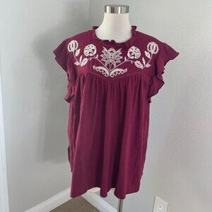 NEW Knox Rose Womens Plus 2X Embroidered Floral Top Ruffle Sleeve Boho Tassel